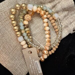 Natural & Glass & Costume Beaded Bracelet Set in Gold Peach and Tan